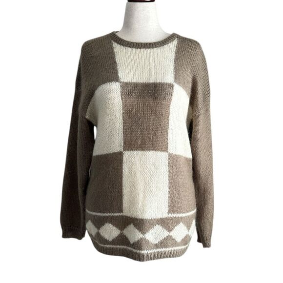 VTG Designers Originals Women’s L Mohair Blend Sweater Brown Beige Block Plaid - Picture 1 of 10